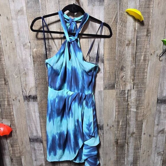 $445 Toccin NY Women's Blue Pleated Sarong Halter Mini Dress Size 2 - Picture 2 of 5